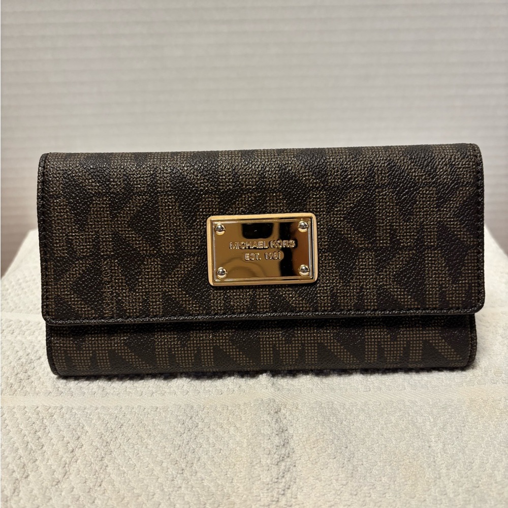 Michael Kors Dark Brown Logo Wallet with Gold Accent
